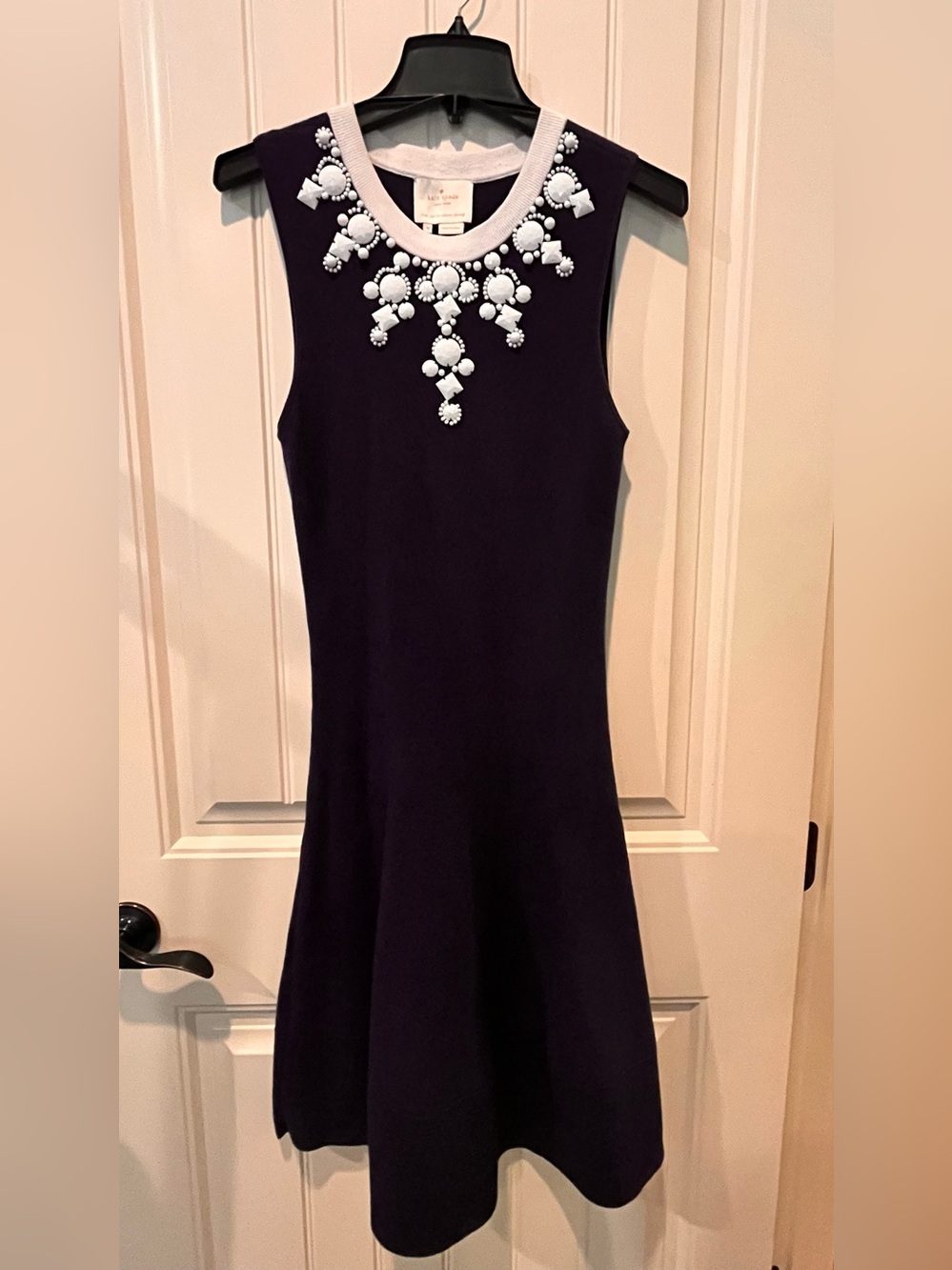 Kate Spade Medium Navy/Cream Stretchy Dress White Beaded Neckline Elegant Chic